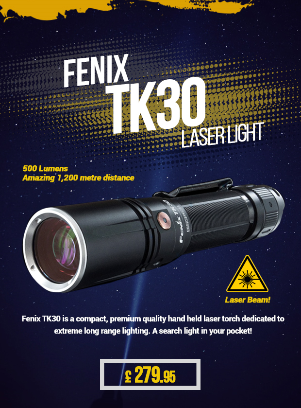 The Fenix TK30 laserlight has a pencil-thin beam which stretches an amazing 1,200 metres. The Fenix TK30 is a compact, premium-quality hand-held laser torch dedicated to extreme long range lighting. A searchlight in your pocket.