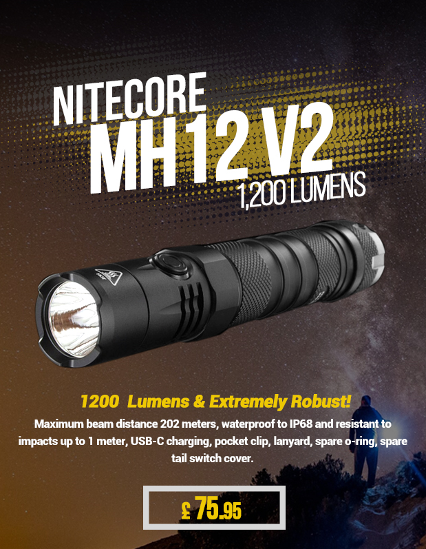The Nitecore MH12 V2 puts out 1,200 lumens from an extremely robust form factor. The beam travels 200 metres, it's waterproof to IP68 and resistant to impacts from one metre. With USB-C charging, a pocket clip, lanyard and spare o-ring and tail switch cover, this is a great deal.