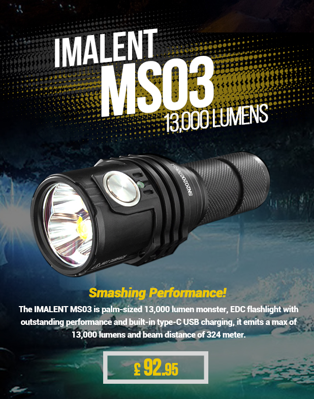 The Imalent MS03 has smashing performance. It's a palm-sized 13,000 lumen monster. An EDC flashlight with outstanding performance and built in USB-C charging. It emits a maximum of 13,000 lumens with a beam distance of 324 metres.