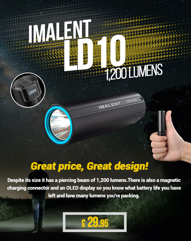 The Imalent LD10 is a tiny, bright flashlight at a great price. Despite its tiny size, it has a piercing beam of 1,200 lumens. There is also a magnetic charging connector and an OLED display so you know what battery life you have left and how many lumens you're packing.