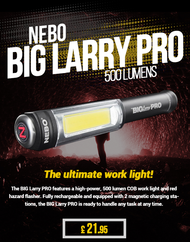The NEBO Big Larry Pro is perhaps the ultimate work light. It features a high-power Chip-on-board work light and red hazard flasher. Fully rechargeable and equipped with two magnetic charging stations, the Big Larry Pro is ready to handle any task at any time.